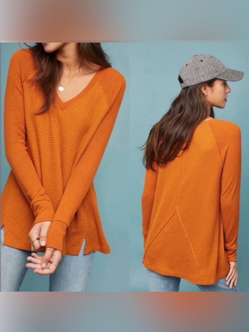Anthropologie Maeve Pearson Waffle Top orange fall size Small S